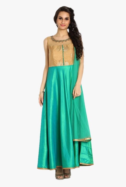 Soch Green & Beige Embroidered Silk Anarkali Suit Soch Green & Beige Embroidered Silk Anarkali Suit