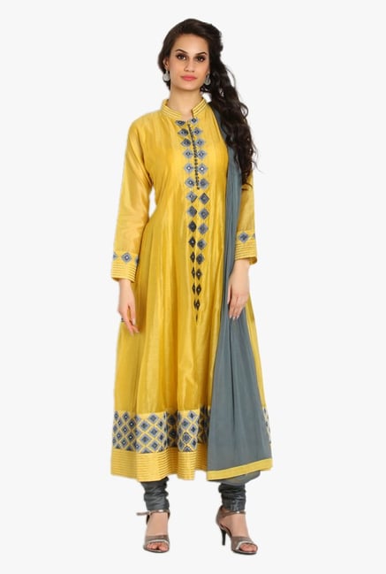 Soch Yellow & Grey Embroidered Chanderi Anarkali Suit Soch Yellow & Grey Embroidered Chanderi Anarkali Suit
