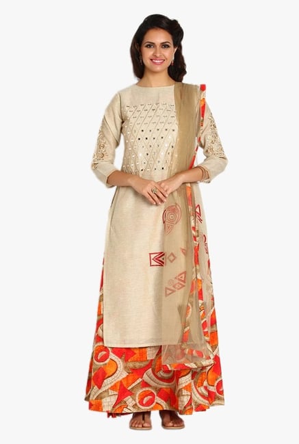 Soch Beige & Orange Embroidered Chanderi Suit Set Soch Beige & Orange Embroidered Chanderi Suit Set