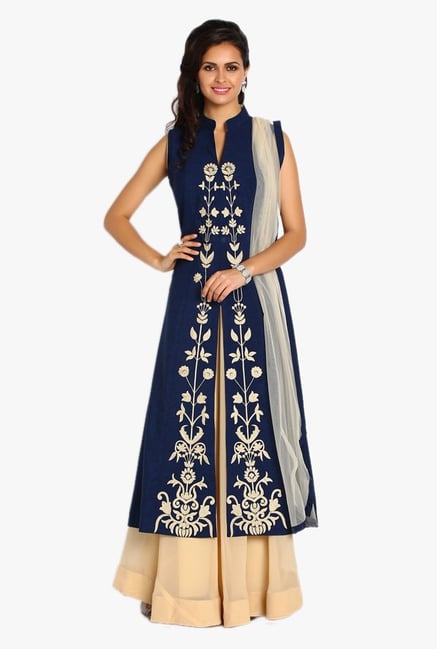 Soch Navy & Beige Embroidered Chanderi Anarkali Suit Soch Navy & Beige Embroidered Chanderi Anarkali Suit