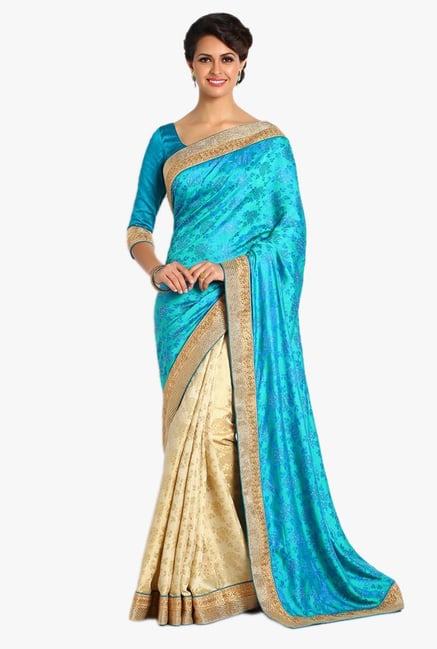 Soch Beige & Blue Floral Print Silk Saree Soch Beige & Blue Floral Print Silk Saree