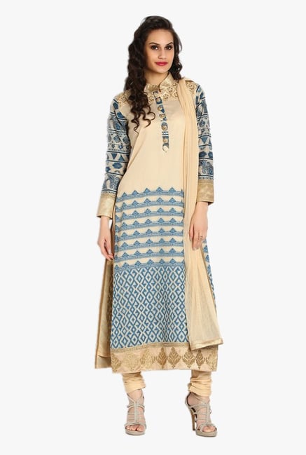 Soch Beige & Blue Embroidered Kota Churidar Suit Soch Beige & Blue Embroidered Kota Churidar Suit