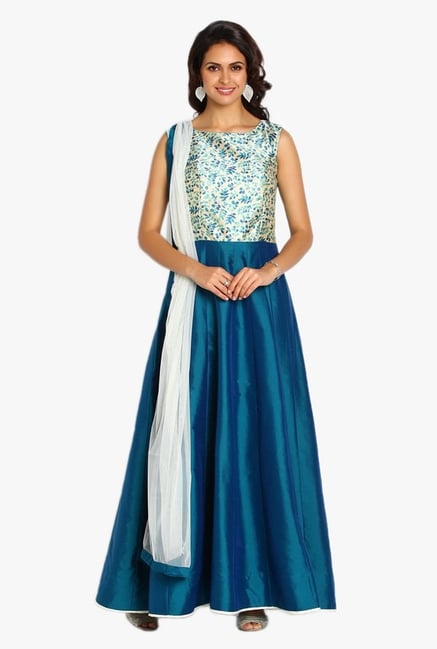 Soch Teal & Cream Printed Silk Anarkali Suit Soch Teal & Cream Printed Silk Anarkali Suit