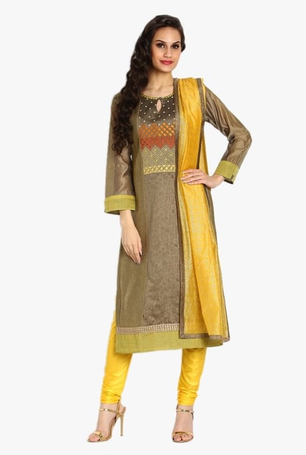 Soch Olive & Yellow Printed Chanderi Churidar Suit Soch Olive & Yellow Printed Chanderi Churidar Suit