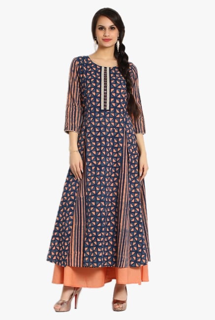 Soch Navy & Peach Printed Cotton Kurta With Palazzo Soch Navy & Peach Printed Cotton Kurta With Palazzo