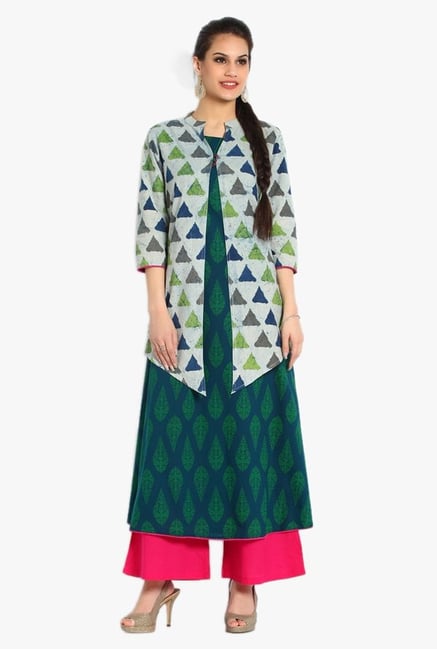Soch Green & Pink Printed Cotton Kurta With Palazzo Soch Green & Pink Printed Cotton Kurta With Palazzo