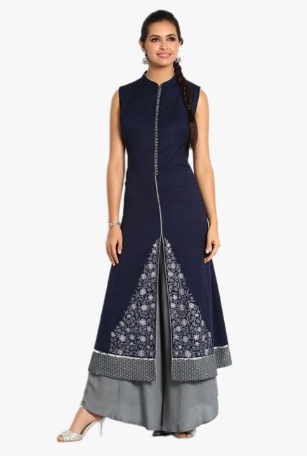 Soch Navy & Grey Cotton Jacquard Kurta With Palazzo Soch Navy & Grey Cotton Jacquard Kurta With Palazzo