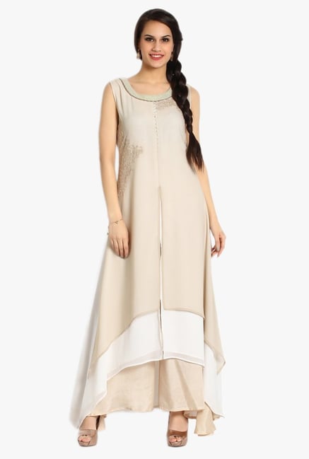 Soch Beige Printed Georgette Kurta With Palazzo Soch Beige Printed Georgette Kurta With Palazzo