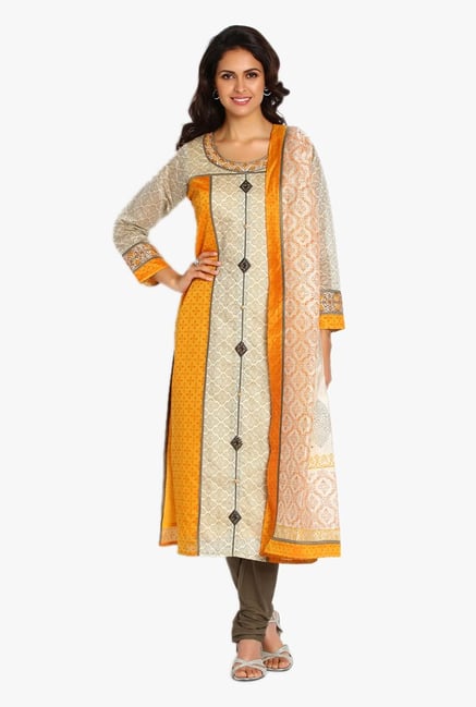 Soch Beige & Olive Printed Chanderi Churidar Suit Soch Beige & Olive Printed Chanderi Churidar Suit