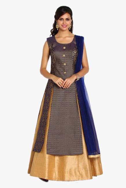 Soch Navy & Beige Printed Brocade Suit Set Soch Navy & Beige Printed Brocade Suit Set