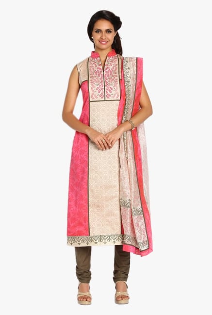Soch Beige & Olive Embroidered Chanderi Churidar Suit Soch Beige & Olive Embroidered Chanderi Churidar Suit