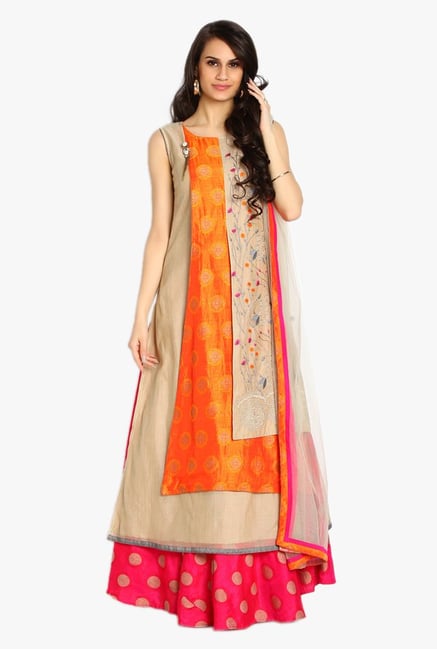 Soch Beige & Orange Embroidered Chanderi Anarkali Suit Soch Beige & Orange Embroidered Chanderi Anarkali Suit