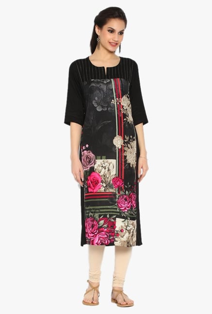 Soch Black Floral Print Rayon Kurta Soch Black Floral Print Rayon Kurta