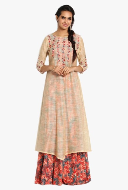 Soch Beige & Peach Printed Chanderi Kurta With Palazzo Soch Beige & Peach Printed Chanderi Kurta With Palazzo