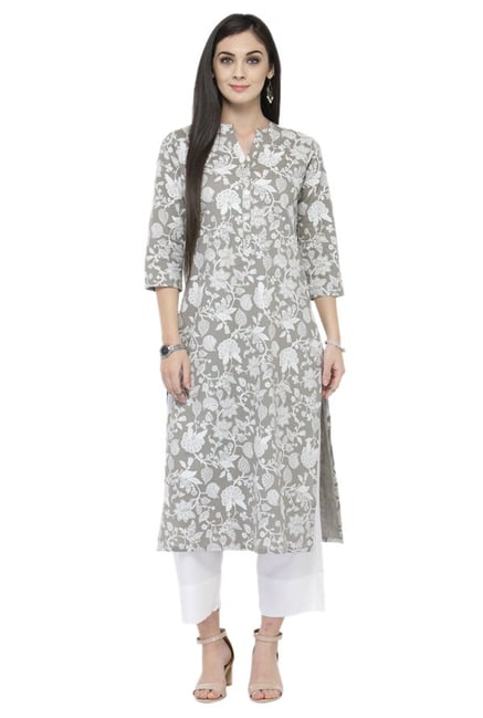 Varanga Grey Printed Cotton Kurta Varanga Grey Printed Cotton Kurta