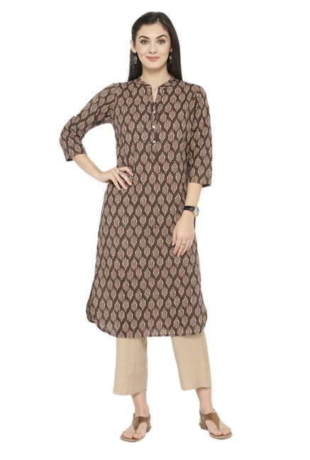 Varanga Brown Printed Cotton Kurta Varanga Brown Printed Cotton Kurta