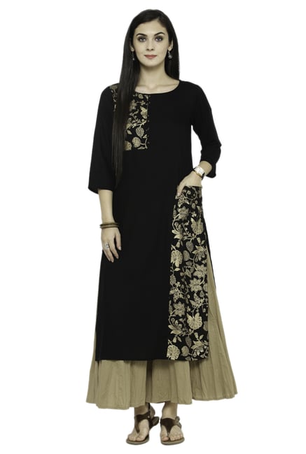 Varanga Black & Beige Viscose Rayon Kurta With Palazzo Varanga Black & Beige Viscose Rayon Kurta With Palazzo