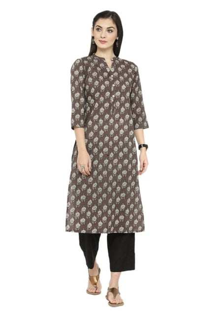 Varanga Taupe Printed Cotton Kurta Varanga Taupe Printed Cotton Kurta