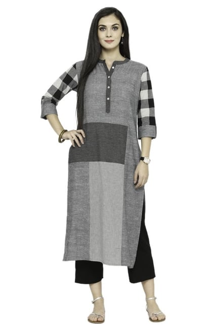 Varanga Grey & Black Textured Cotton Kurta With Pants Varanga Grey & Black Textured Cotton Kurta With Pants