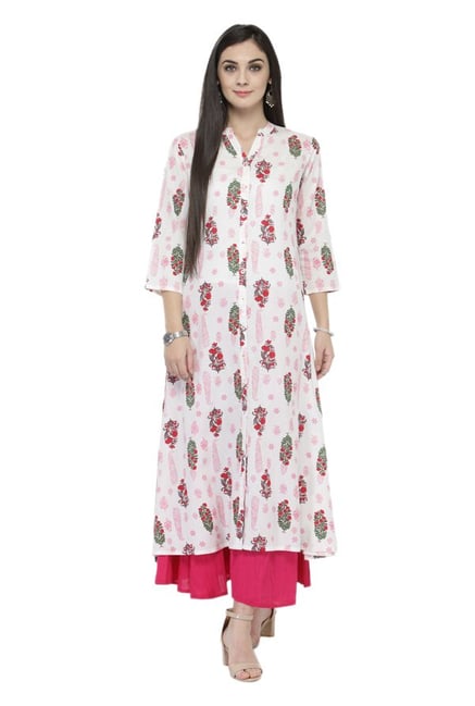Varanga White & Pink Viscose Rayon Kurta With Palazzo Varanga White & Pink Viscose Rayon Kurta With Palazzo