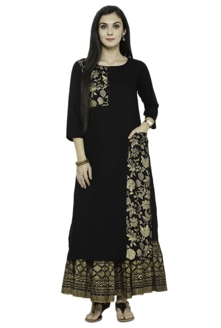Varanga Black Printed Viscose Rayon Kurta With Skirt Varanga Black Printed Viscose Rayon Kurta With Skirt