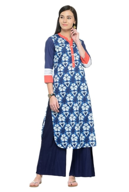 Varanga Blue Printed Cotton Kurta Varanga Blue Printed Cotton Kurta
