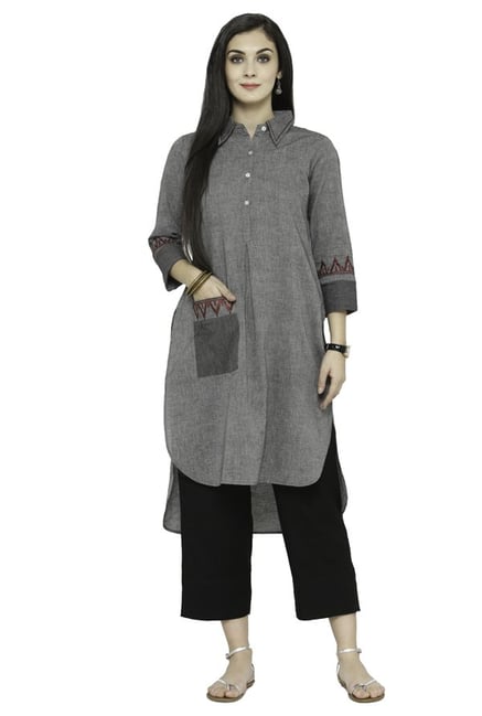 Varanga Grey Textured Cotton Kurta Varanga Grey Textured Cotton Kurta