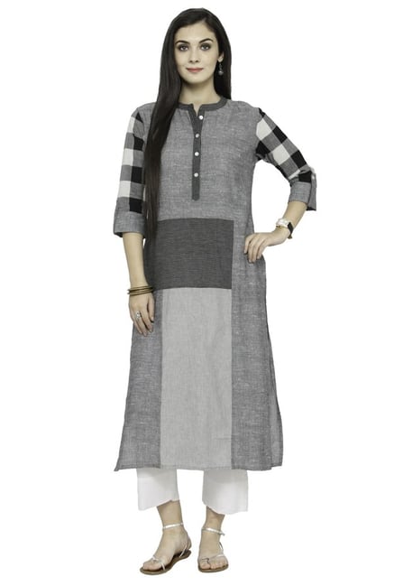 Varanga Grey & White Textured Cotton Kurta With Pants Varanga Grey & White Textured Cotton Kurta With Pants