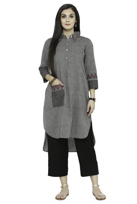Varanga Grey & Black Textured Cotton Kurta With Pants Varanga Grey & Black Textured Cotton Kurta With Pants