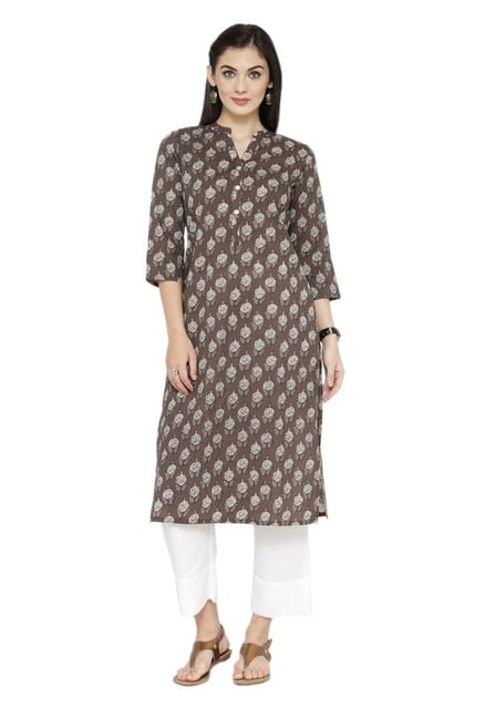 Varanga Taupe & White Printed Cotton Kurta With Pants Varanga Taupe & White Printed Cotton Kurta With Pants