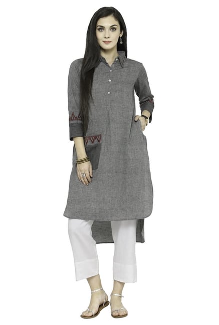 Varanga Grey & White Textured Cotton Kurta With Pants Varanga Grey & White Textured Cotton Kurta With Pants