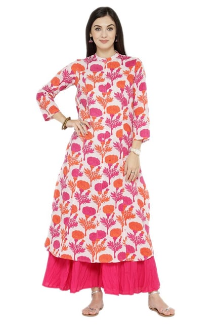 Varanga White Floral Print Cotton Kurta Varanga White Floral Print Cotton Kurta