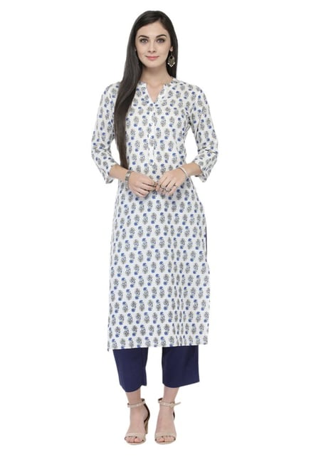 Varanga White & Navy Viscose Rayon Kurta With Pants Varanga White & Navy Viscose Rayon Kurta With Pants