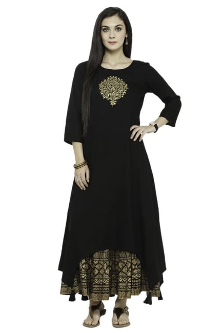 Varanga Black Embroidered Viscose Rayon Kurta With Skirt Varanga Black Embroidered Viscose Rayon Kurta With Skirt