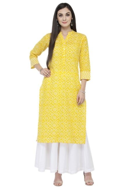 Varanga Yellow & White Cotton Kurta With Palazzo Varanga Yellow & White Cotton Kurta With Palazzo