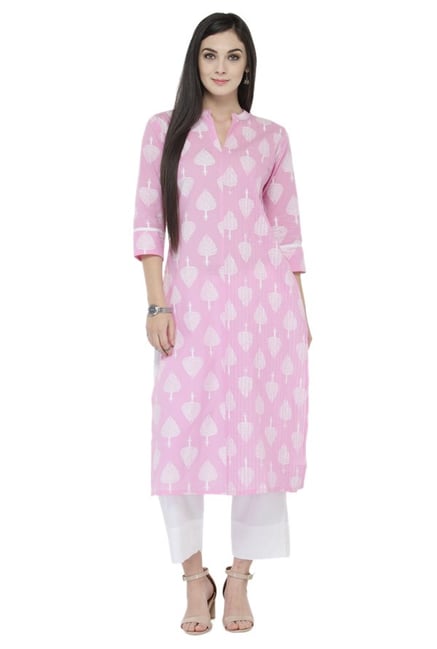 Varanga Pink & White Printed Cotton Kurta With Pants Varanga Pink & White Printed Cotton Kurta With Pants