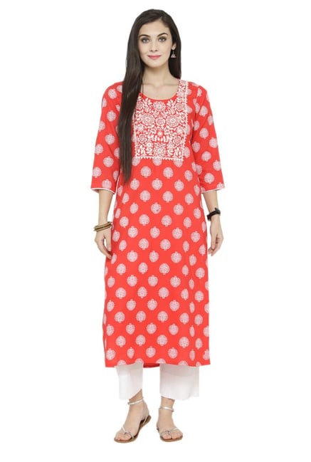 Varanga Coral & White Viscose Rayon Kurta With Pants Varanga Coral & White Viscose Rayon Kurta With Pants