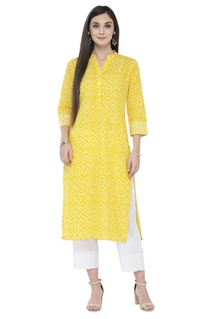 Varanga Yellow & White Bandhani Cotton Kurta With Pants Varanga Yellow & White Bandhani Cotton Kurta With Pants