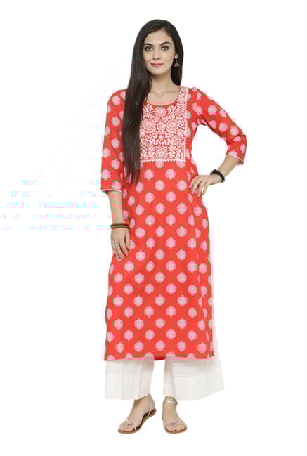 Varanga Coral & White Viscose Rayon Kurta With Palazzo Varanga Coral & White Viscose Rayon Kurta With Palazzo
