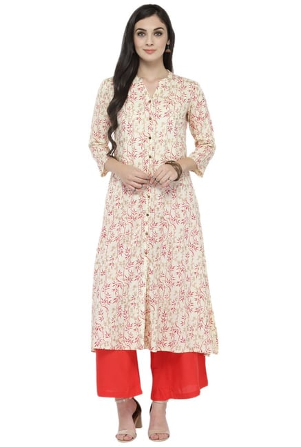 Varanga Cream & Red Viscose Rayon Kurta With Palazzo Varanga Cream & Red Viscose Rayon Kurta With Palazzo
