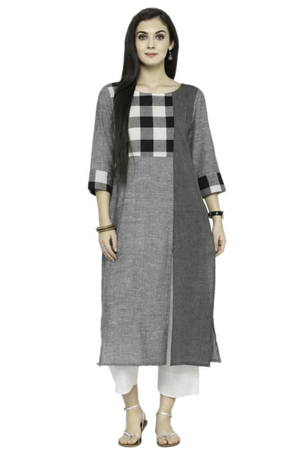Varanga Grey & White Checks Cotton Kurta With Pants Varanga Grey & White Checks Cotton Kurta With Pants
