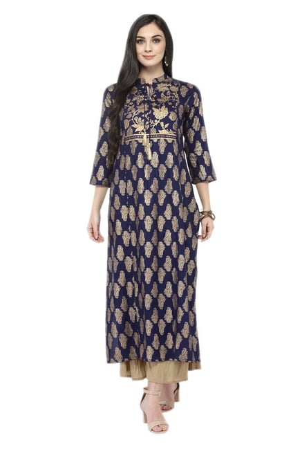 Varanga Navy & Beige Viscose Rayon Kurta With Palazzo Varanga Navy & Beige Viscose Rayon Kurta With Palazzo