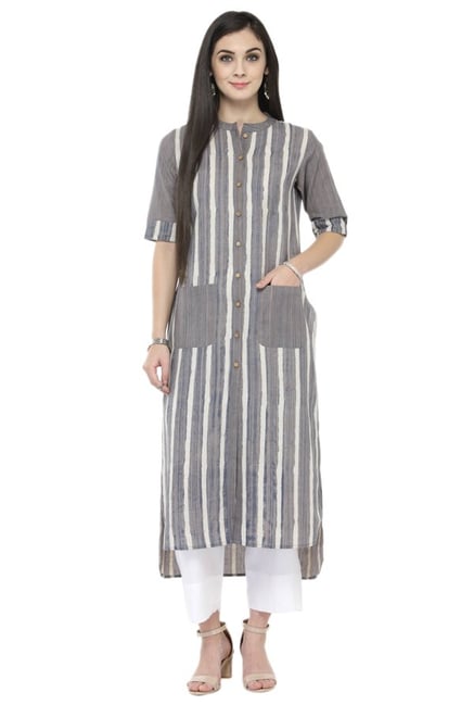 Varanga Grey & White Striped Cotton Kurta With Pants Varanga Grey & White Striped Cotton Kurta With Pants