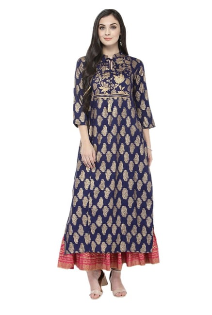 Varanga Navy & Pink Viscose Rayon Kurta With Skirt Varanga Navy & Pink Viscose Rayon Kurta With Skirt