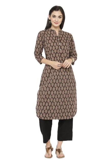 Varanga Brown & Black Printed Cotton Kurta With Pants Varanga Brown & Black Printed Cotton Kurta With Pants