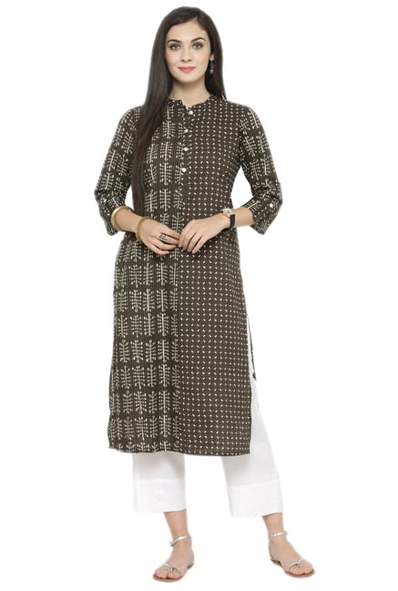 Varanga Olive & White Printed Cotton Kurta With Pants Varanga Olive & White Printed Cotton Kurta With Pants