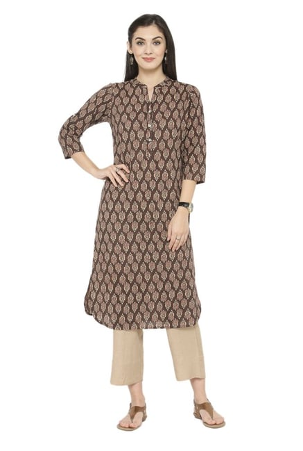 Varanga Brown & Beige Printed Cotton Kurta With Pants Varanga Brown & Beige Printed Cotton Kurta With Pants