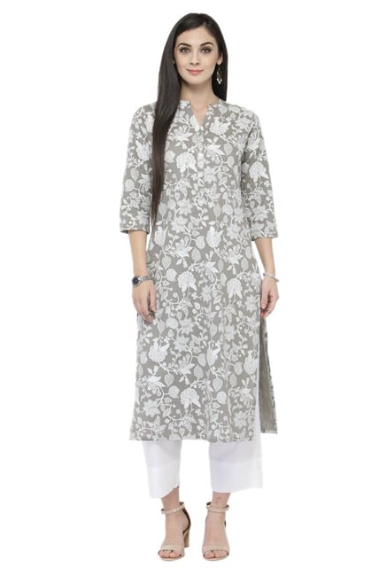Varanga Grey & White Printed Cotton Kurta With Pants Varanga Grey & White Printed Cotton Kurta With Pants
