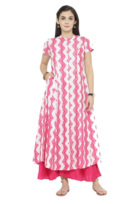 Varanga White & Pink Printed Viscose Rayon Kurta Varanga White & Pink Printed Viscose Rayon Kurta
