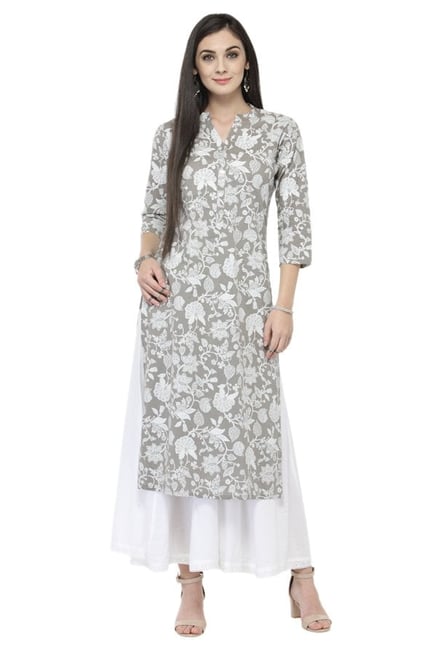 Varanga Grey & White Printed Cotton Kurta With Palazzo Varanga Grey & White Printed Cotton Kurta With Palazzo